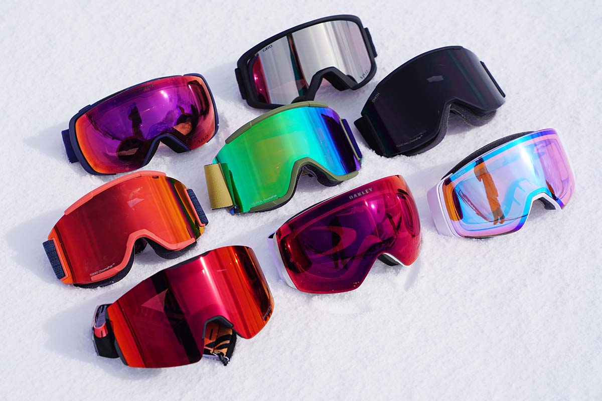 Ski goggles (lineup of Smith and Oakley goggles)