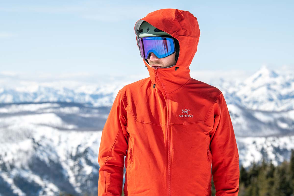 Arc'teryx Gamma LT softshell jacket (hood over ski helmet)