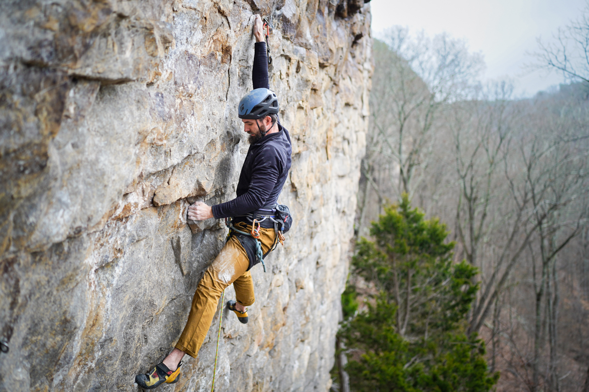 Rock climbing in the Patagonia R1 TechFace