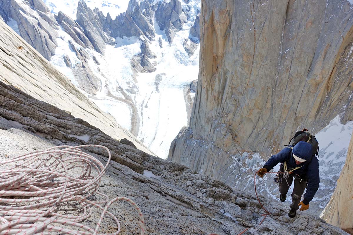 Climbing in the Patagonia Das Light Hoody in Patagonia