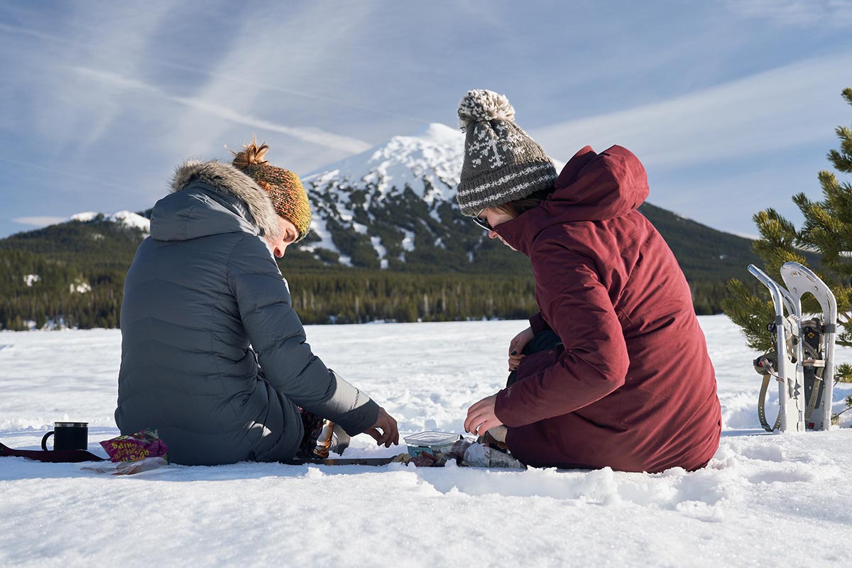 Winter jackets (lunch with view of Mount Bachelor)