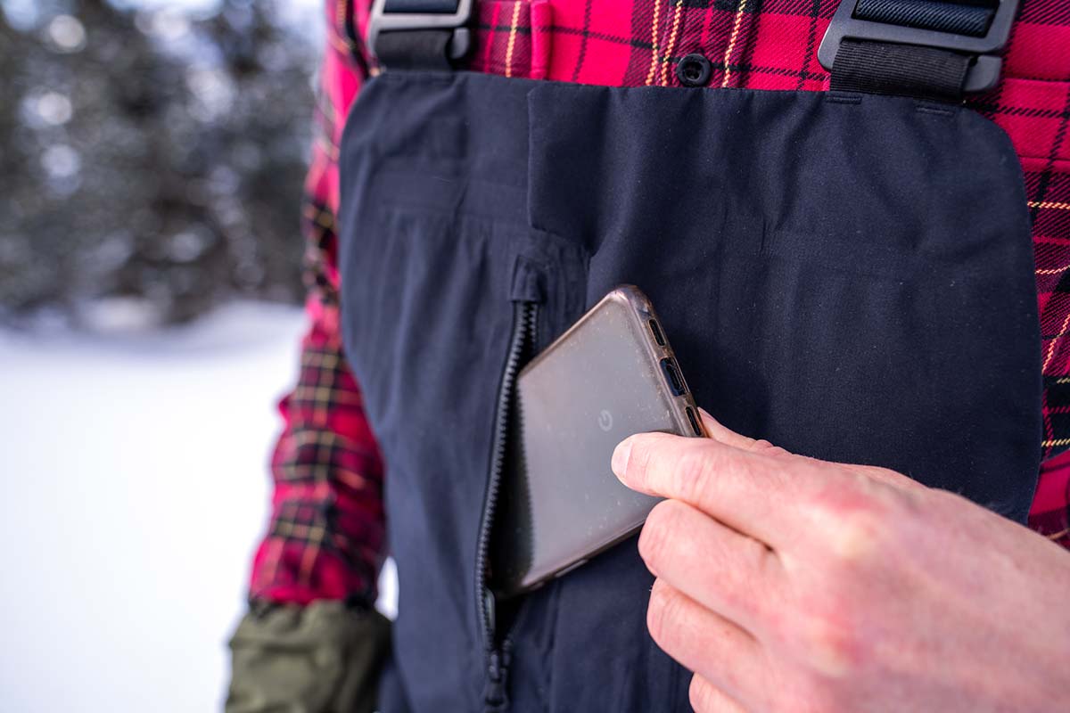 Snowboard bib and flannel shirt (smartphone in pocket)