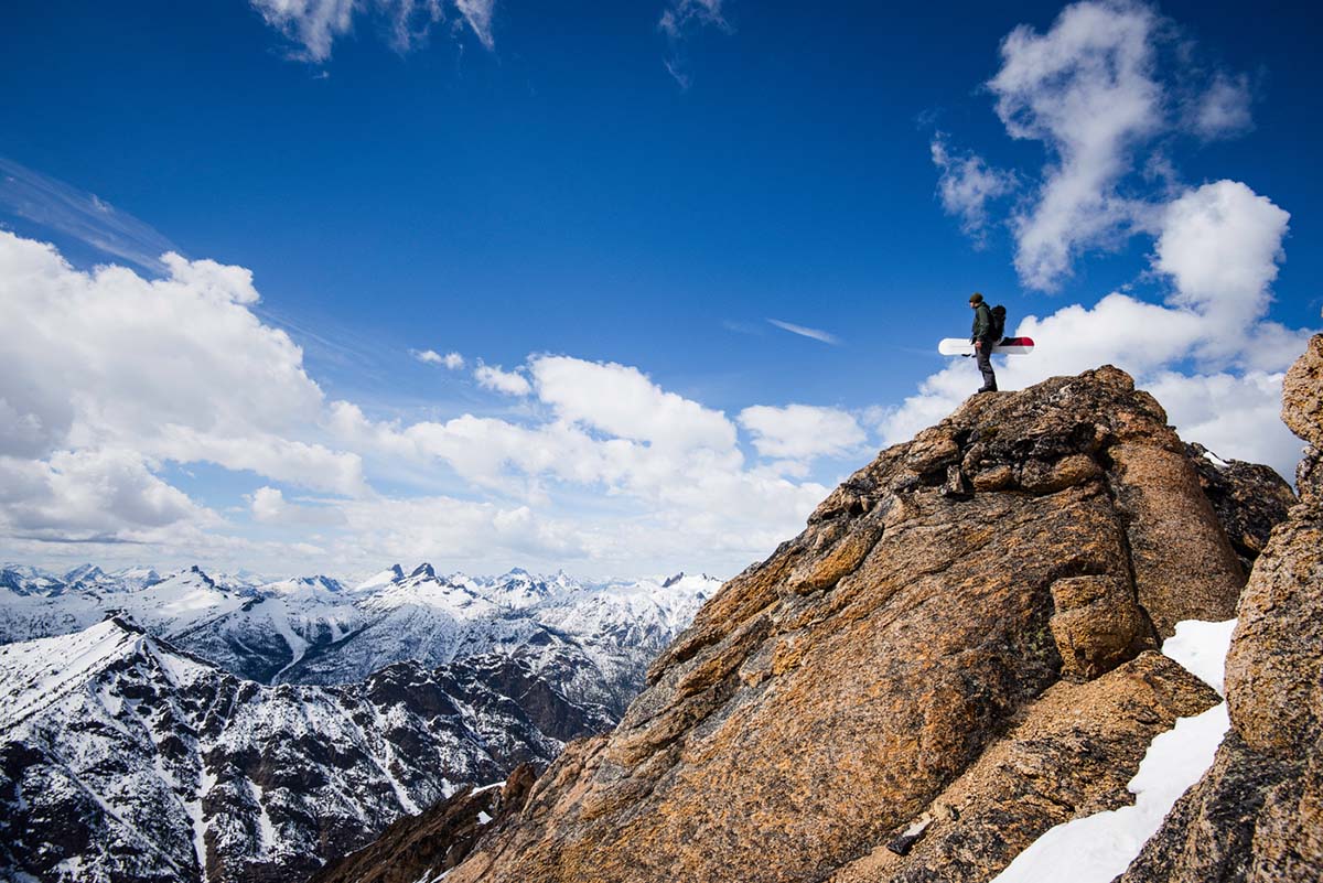 Snowboard pant (snowboarder standing on mountain in backcountry)