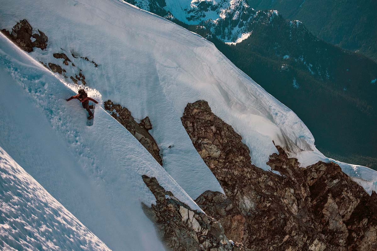 Splitboarding in the mountains (steep turns)