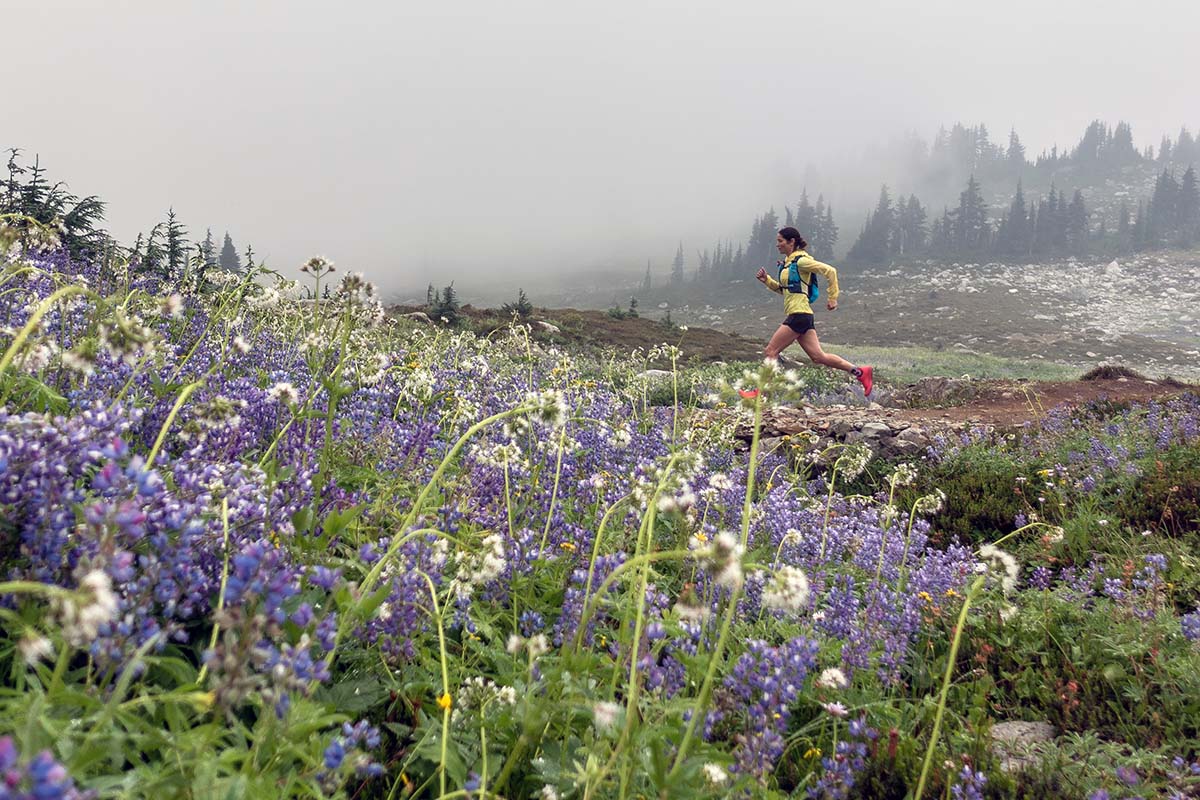 Running vest (trail running near wildflowers)