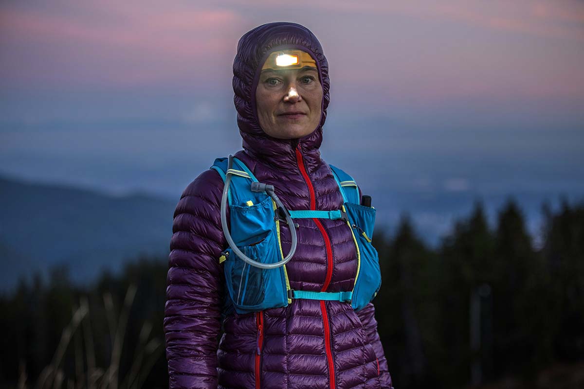 Running vest (wearing headlamp and down jacket)