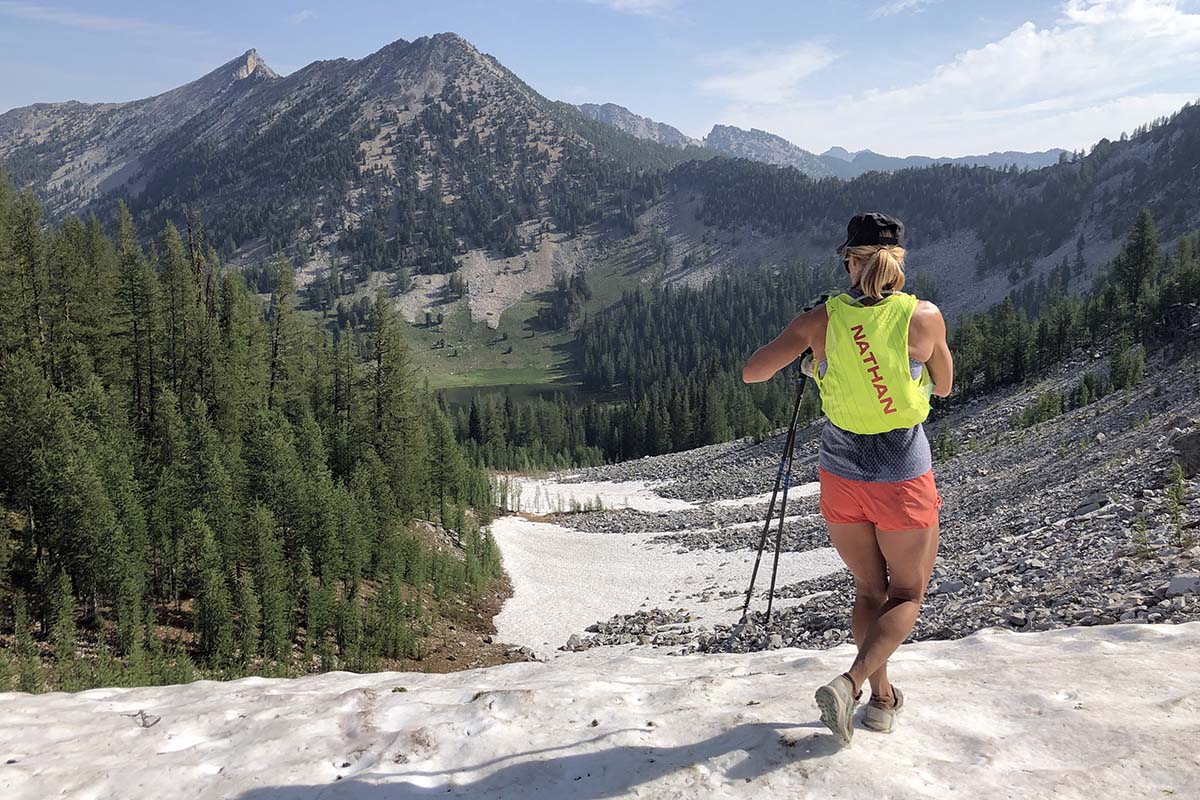 Trail running in the Nathan Pinnacle 12L running hydration vest