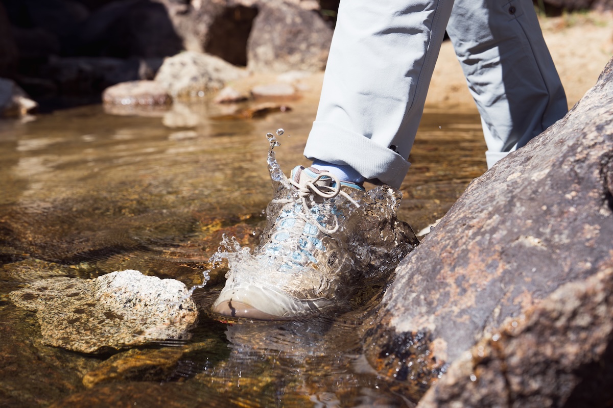 Trail Running Shoes (Cloesup of waterproof shoes in a river)