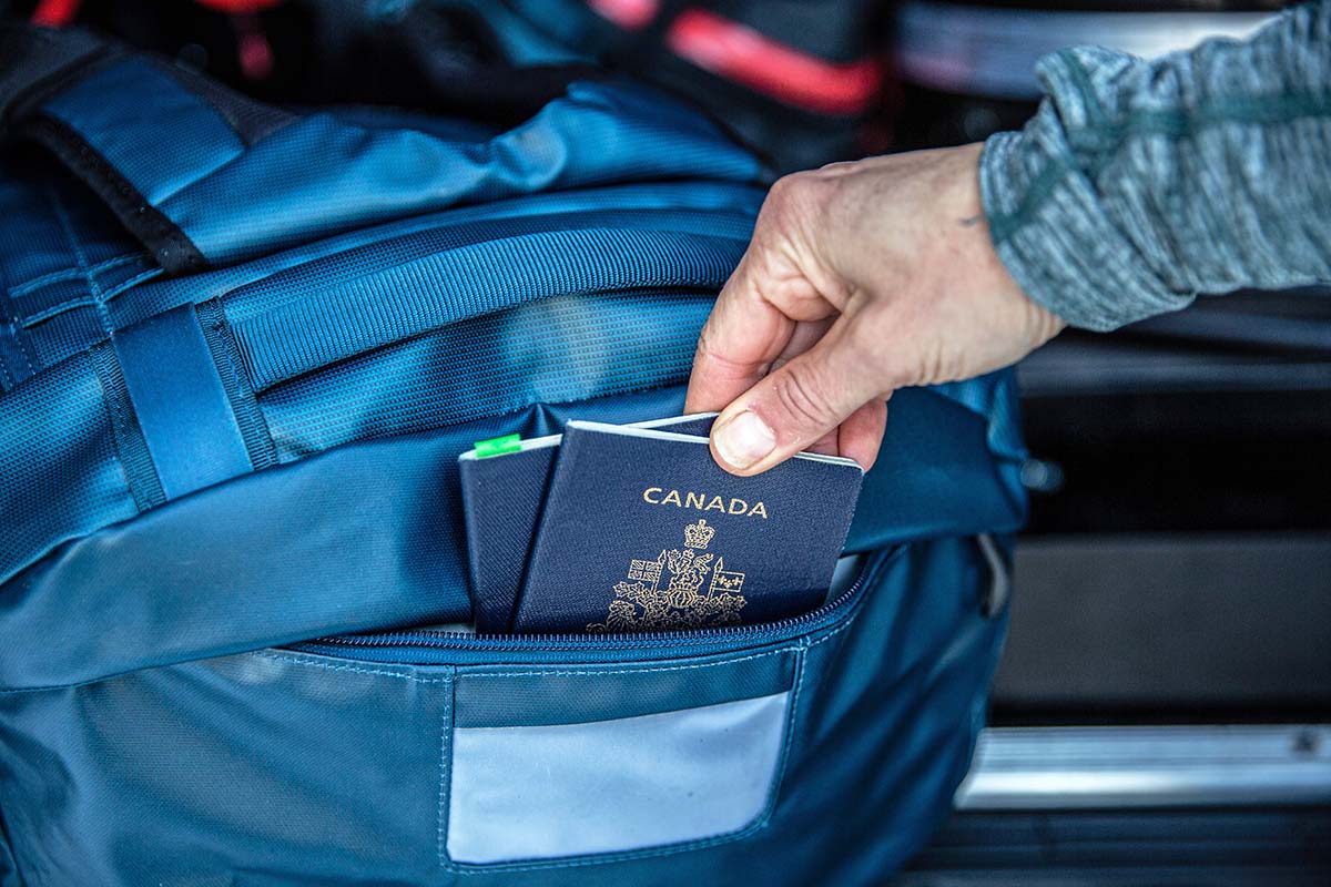 Grabbing passports from external accessory pocket (Osprey Transporter 65 duffel bag)
