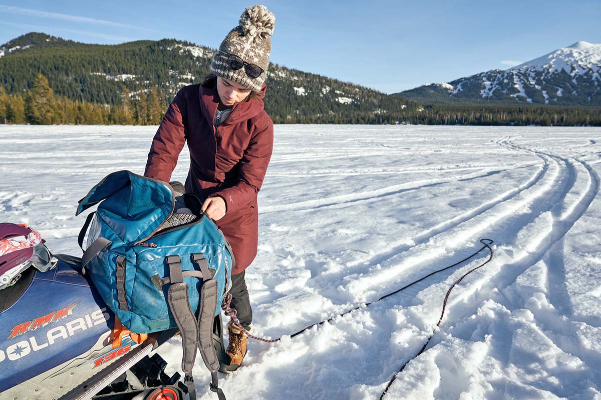 Patagonia Black Hole Duffel bag on snowmobile 2