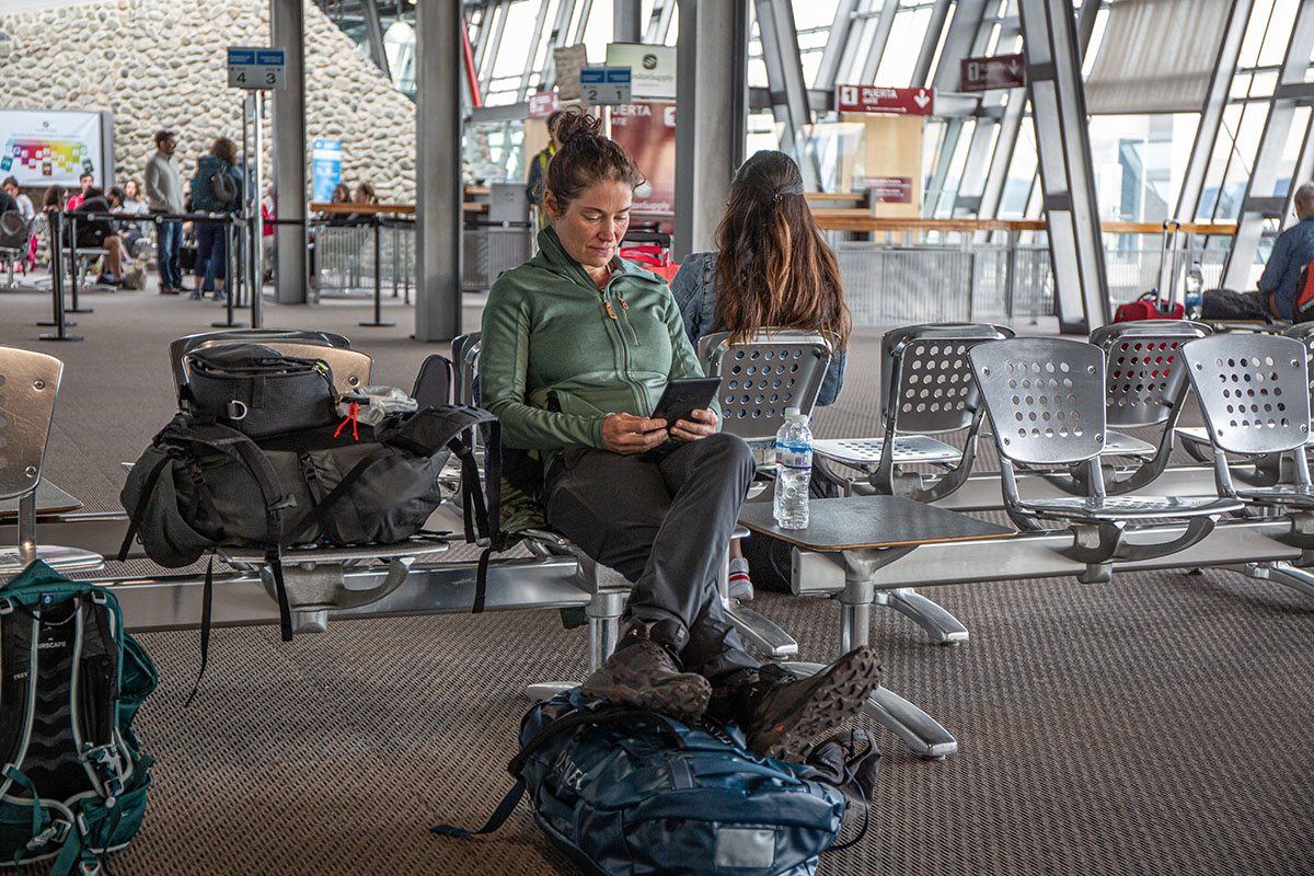 Women's travel pants (reading at airport)