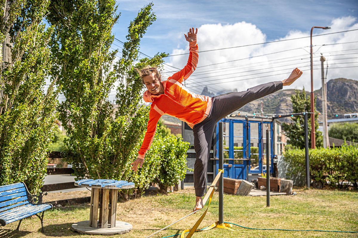 Women's travel pants (slacklining in the Patagonia Happy Hike Studio Pants)