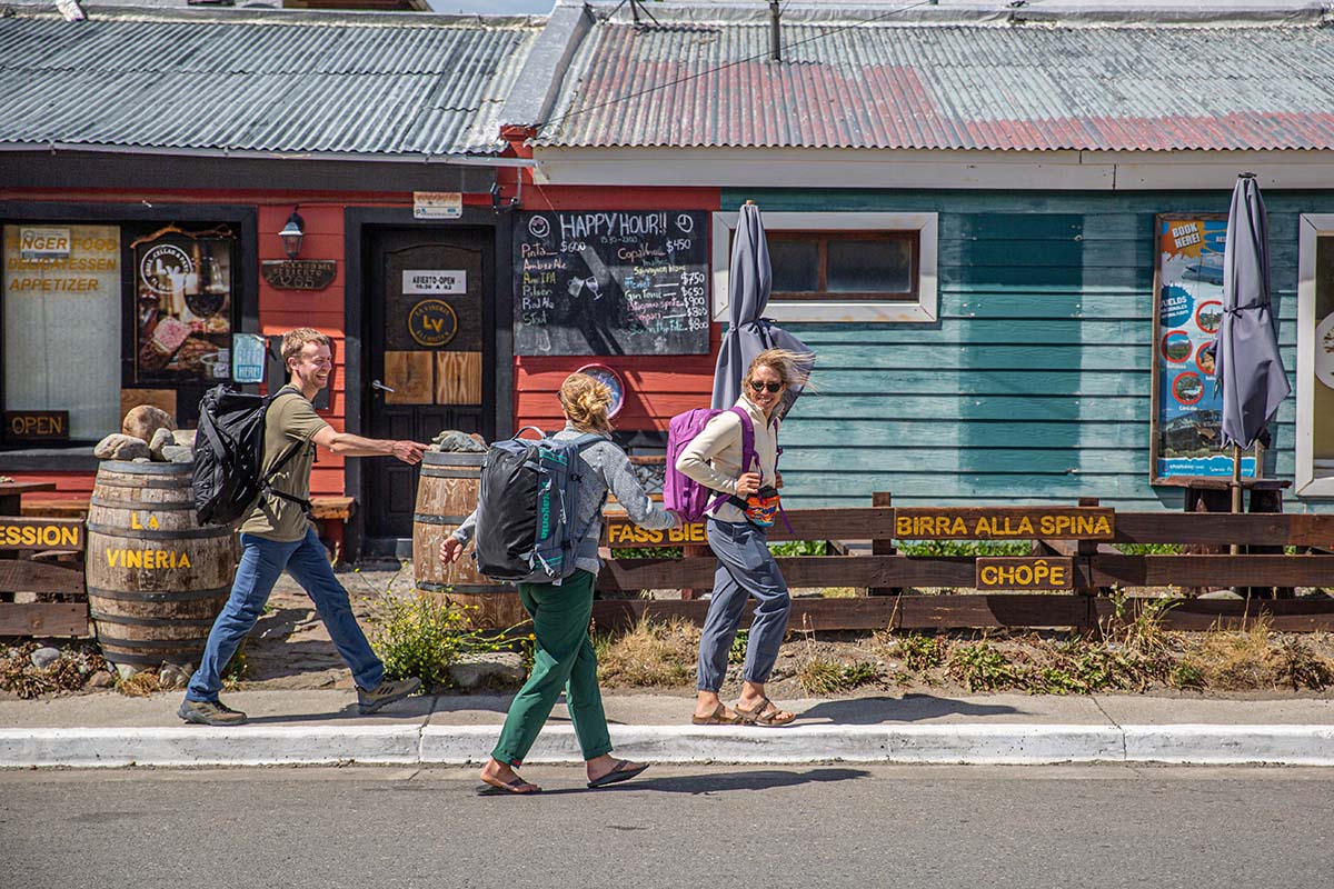 Women's travel pants (walking through town with travel packs)