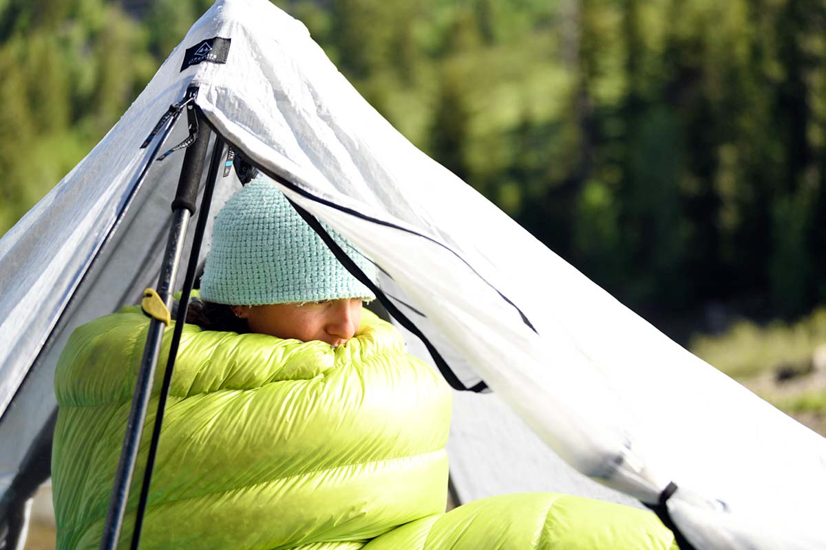 Ultralight sleeping bag (Feathered Friends Tanager 20 CFL cinched to neck)