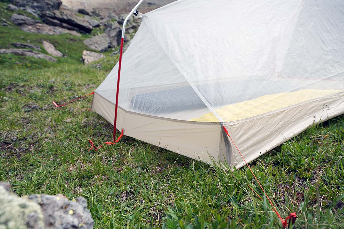Corners staked out on semi-freestanding tent (Big Agnes Fly Creek HV UL2 Solution Dye)
