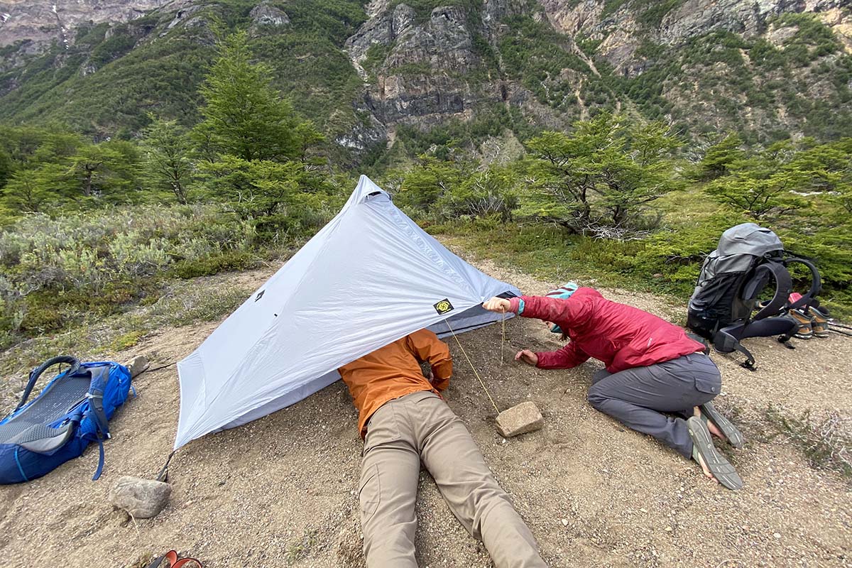 Setting up the Six Moon Designs Lunar Solo trekking-pole shelter