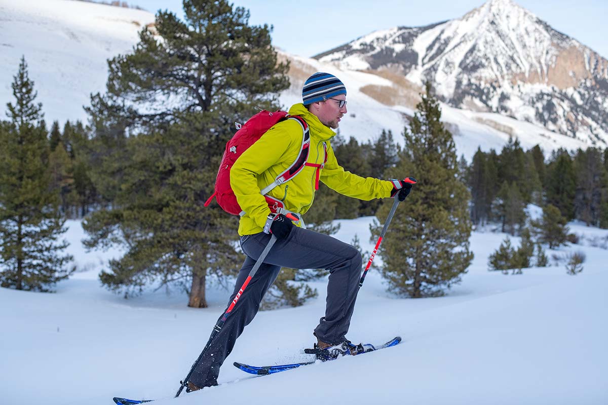 Using poles while snowshoeing (wearing Crescent Moon Gold snowshoes)