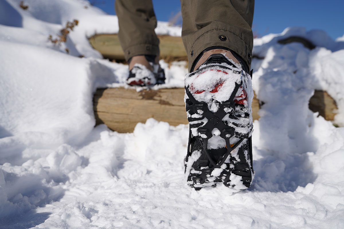 Winter traction devices (Kahtoola EXOspikes caked in snow)