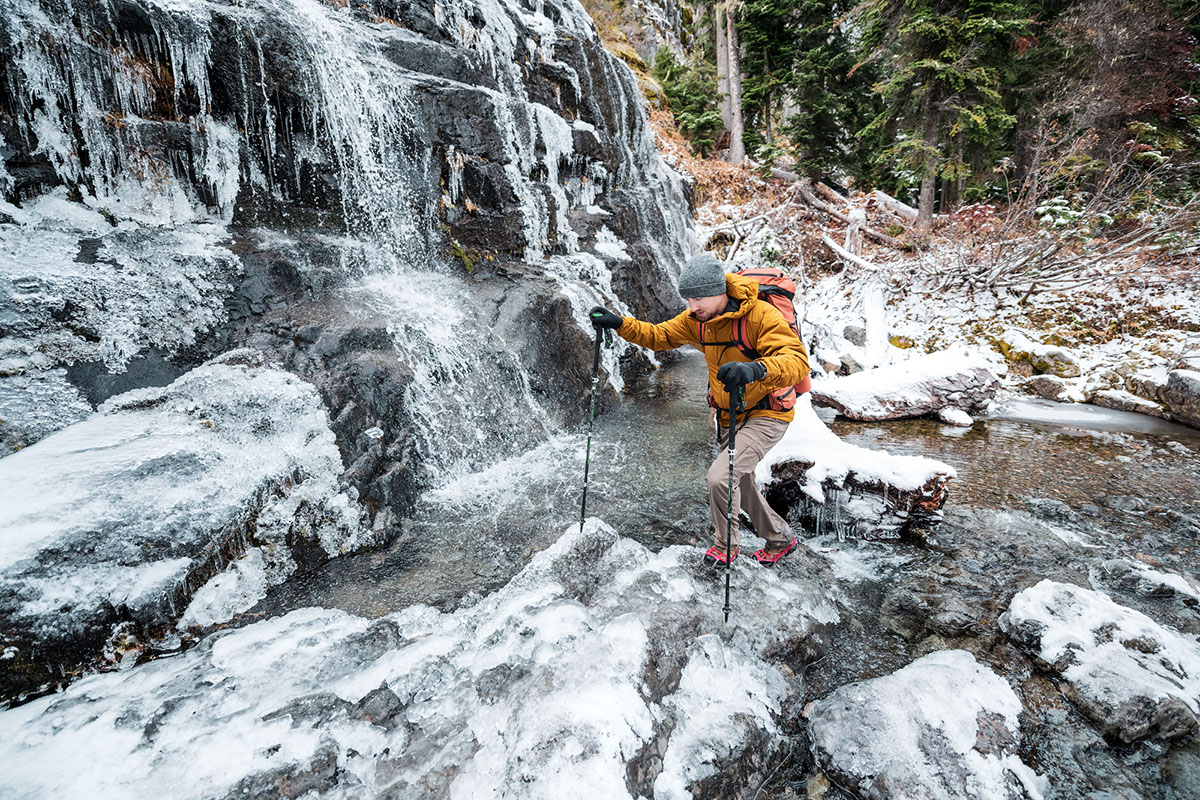 Winter traction devices (Kahtoola MICROspikes near icy waterfall)