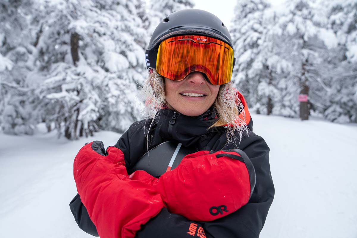 Wearing Outdoor Research Alti II Mitt while snowboarding