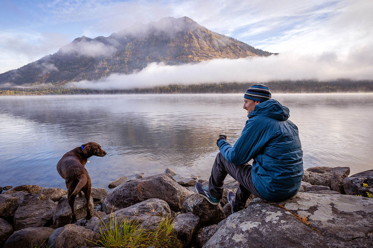 Winter Jacket (sitting by foggy lake in REI Stormhenge Down Hybrid)