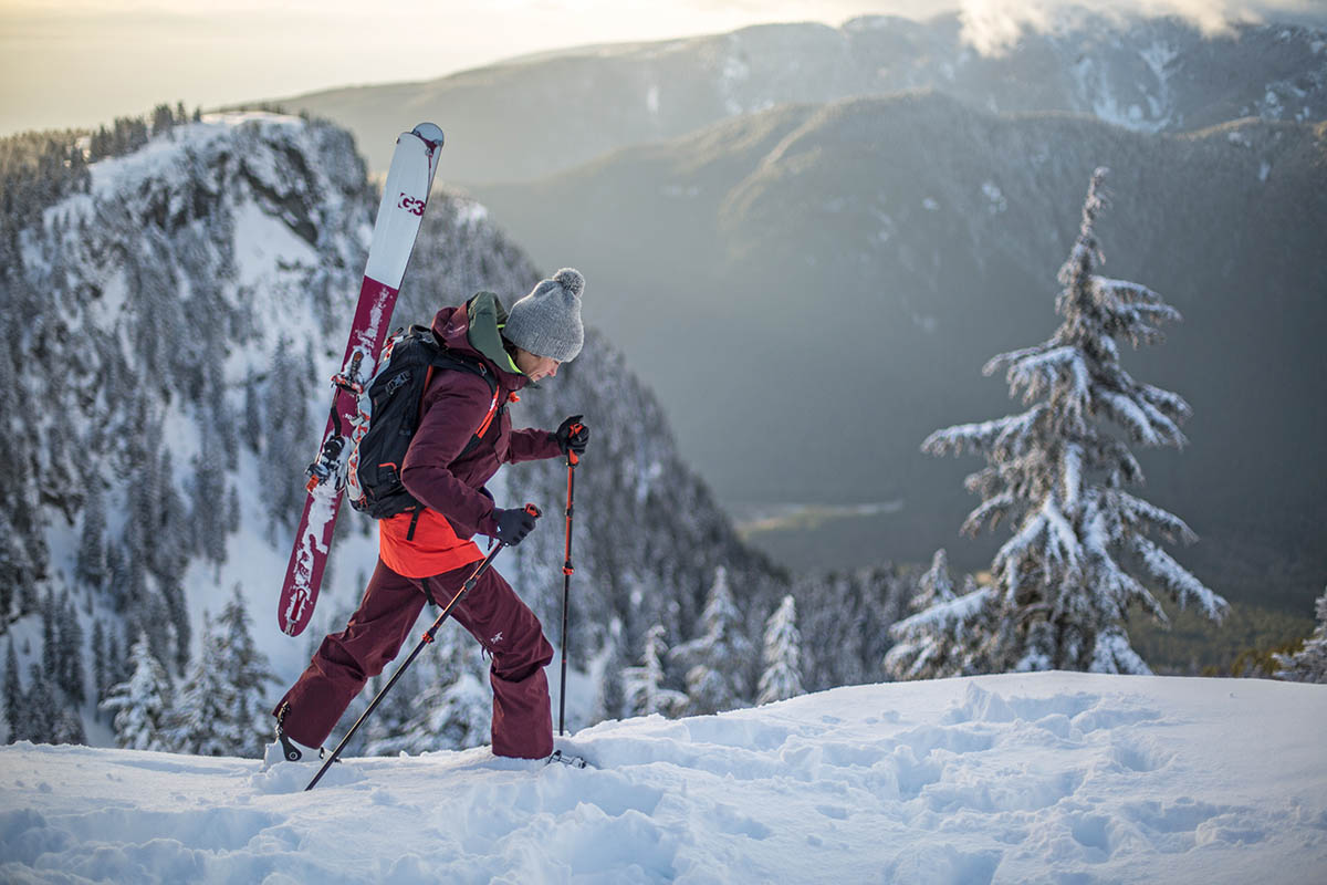 Women's all-mountain skis (backcountry skis attached to pack)