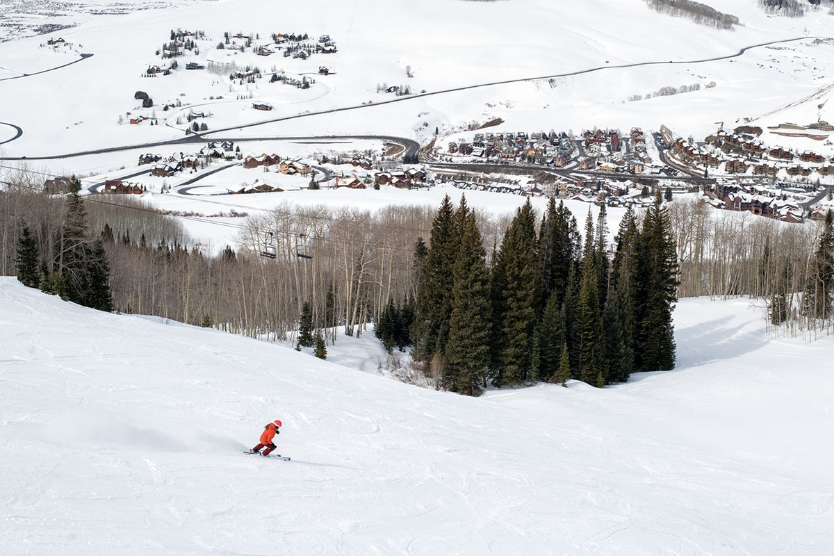 Women's all-mountain skis (wide shot skiing Crested Butte)