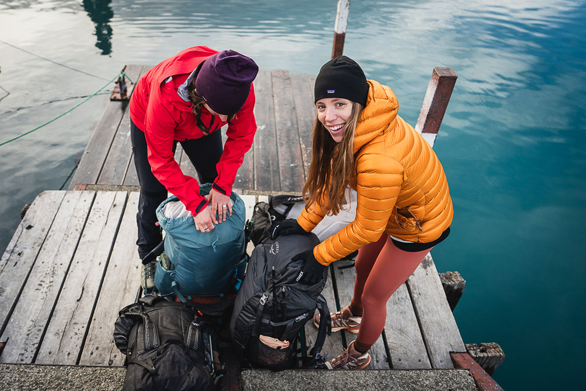 Women's backpacking packs (Osprey Viva and Osprey Renn at boat launch)