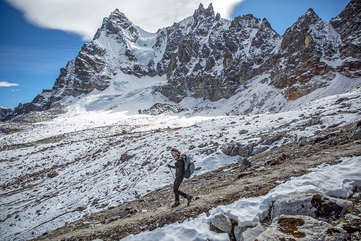 Hiking in snowy mountains in Nepal (women's hiking boots)