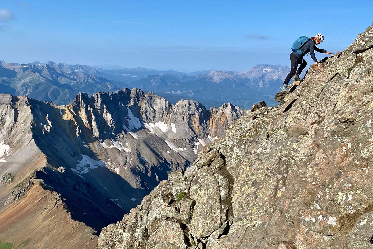 Scrambling Mt. Sneffels (Altra Lone Peak ALL-WTHR Mid women's hiking boot)