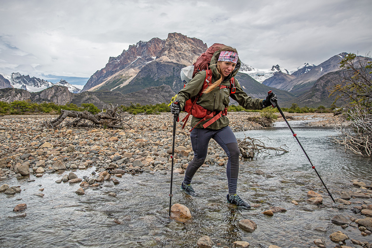 Women's hiking leggings (crossing water wearing Patagonia Pack Out Hike Tights)