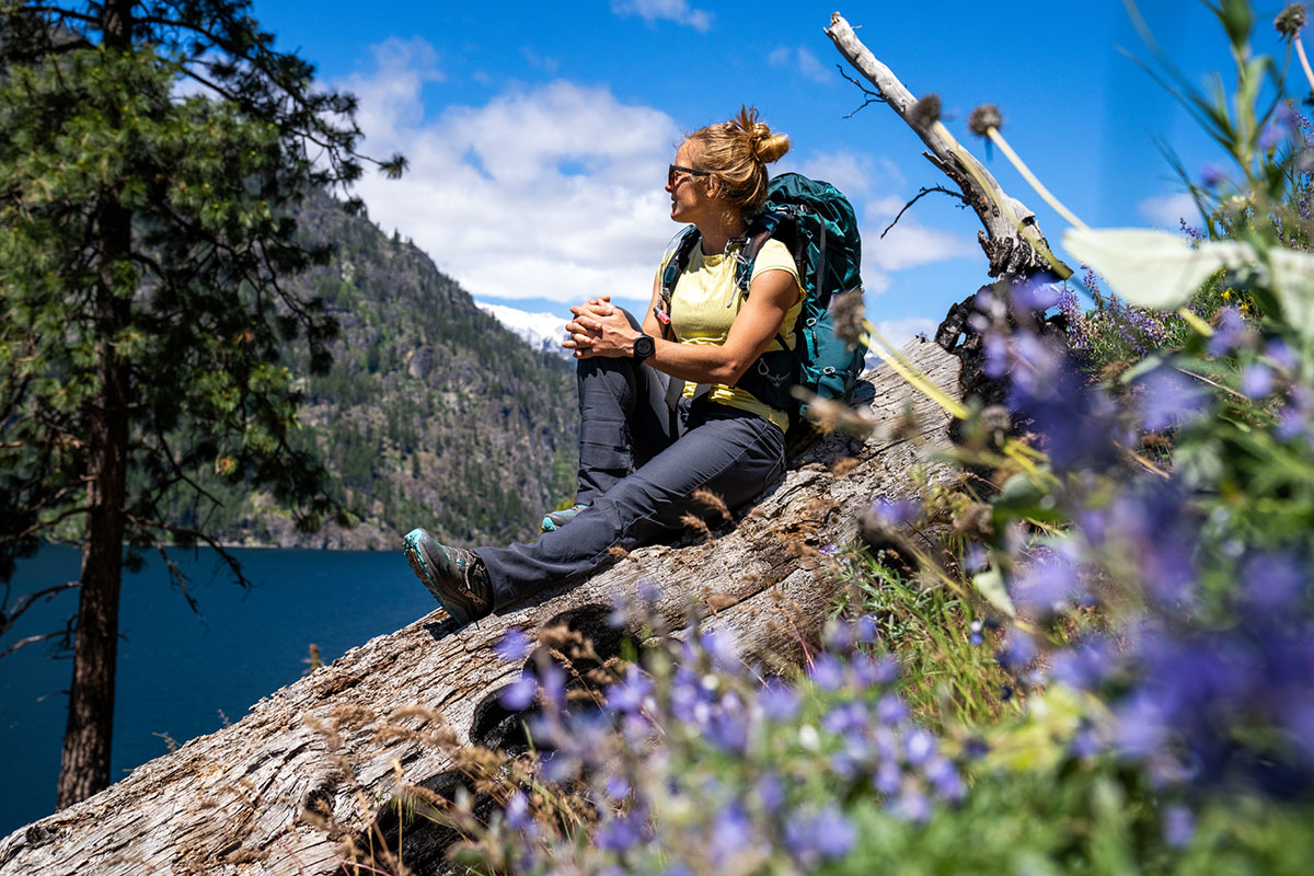 Women's hiking pants (sitting on rock in prAna Halle II Pants)