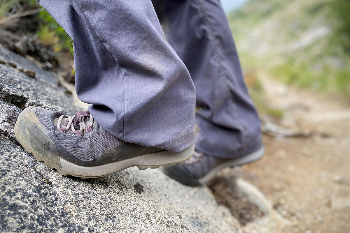 Women's hiking shoes (Black Diamond Mission LT approach shoe smearing on rock)