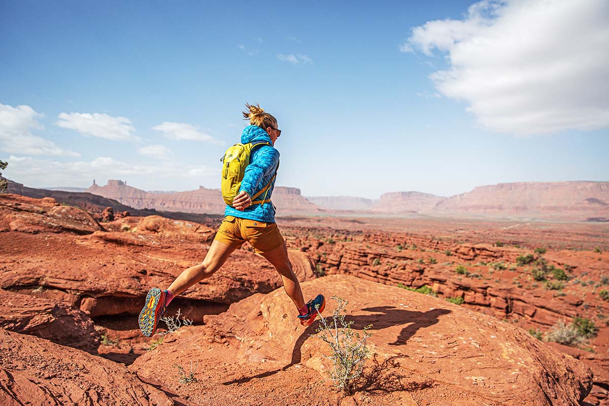 Hoka Speedgoat 5 women's trail runner (jumping)