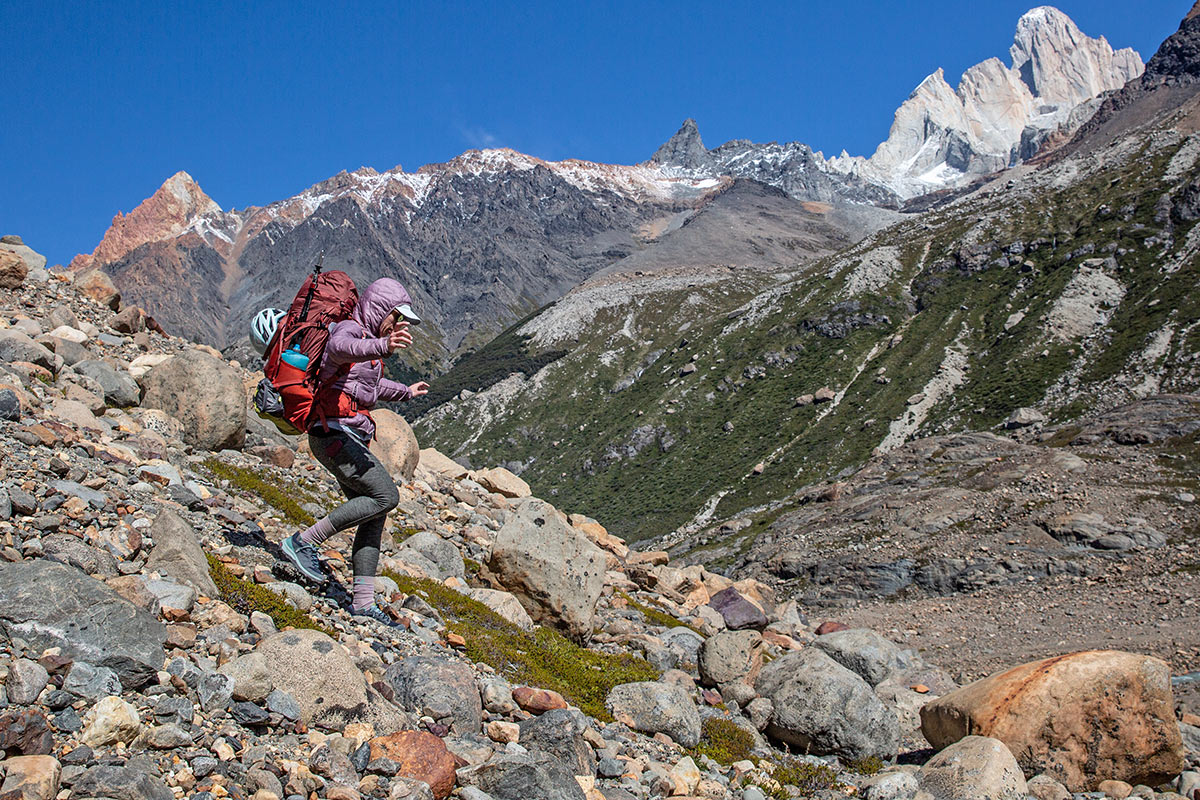 Salomon OUTline GTX women's hiking shoe (scrambling down a rocky slope in Patagonia)