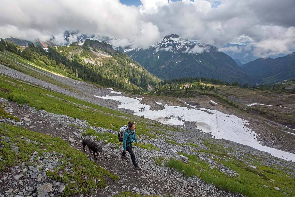 Hiking in Patagonia StormLine Stretch rain jacket