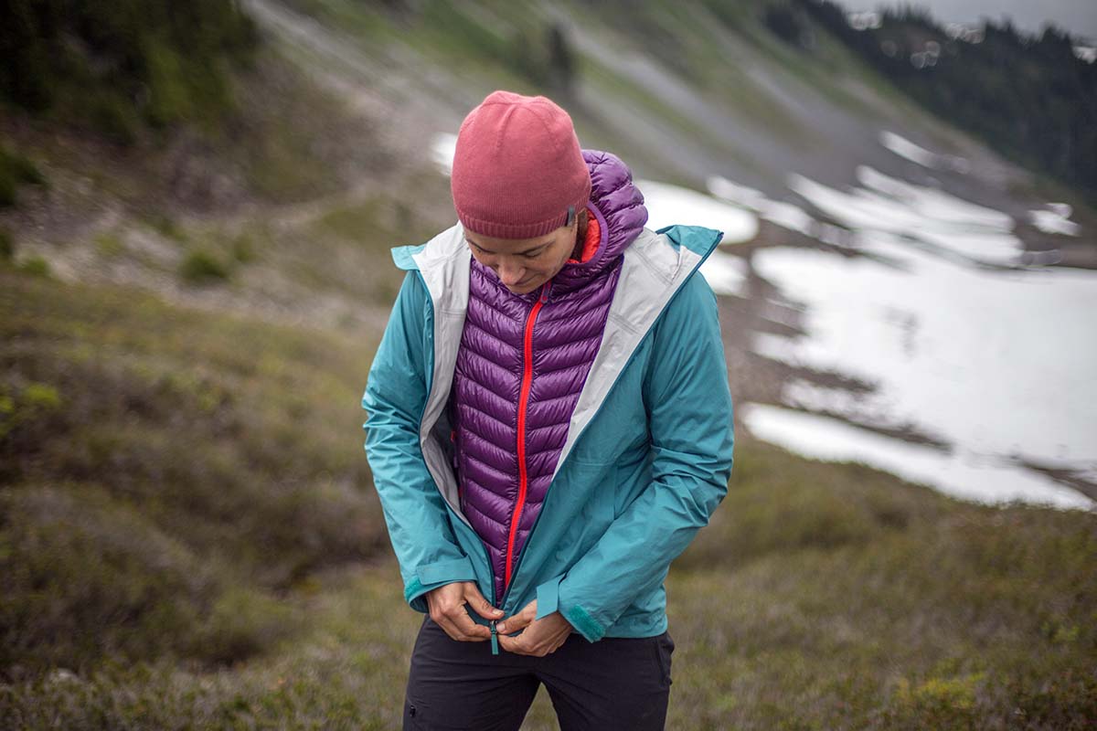 Layering the Black Diamond StormLine Stretch rain jacket over puffy