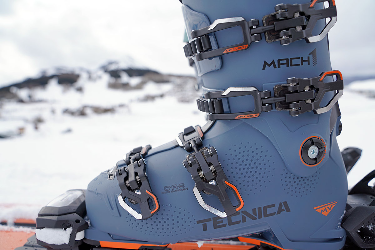 Women's ski boot (Technica Mach1 buckles closeup)