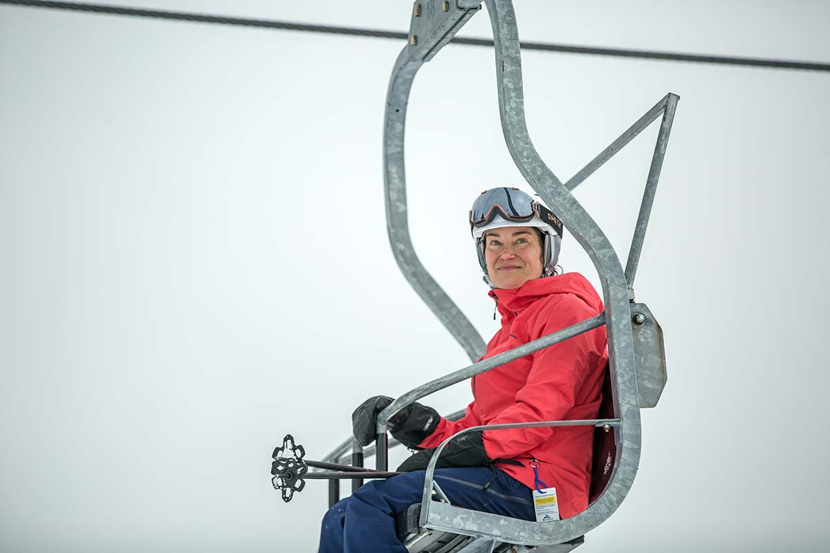 Women's ski jacket (Patagonia Insulated Snowbelle riding chairlift)