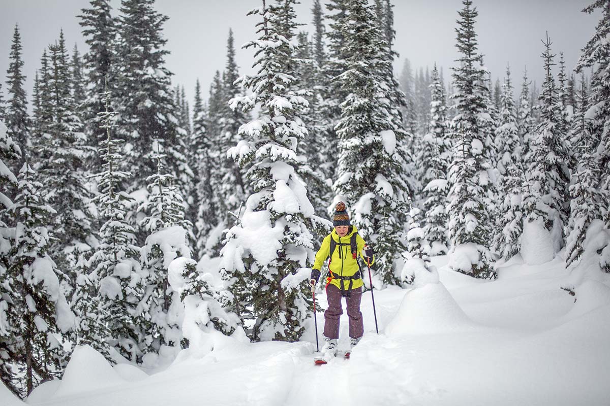 Women's ski jacket (Patagonia SnowDrifter skinning up)