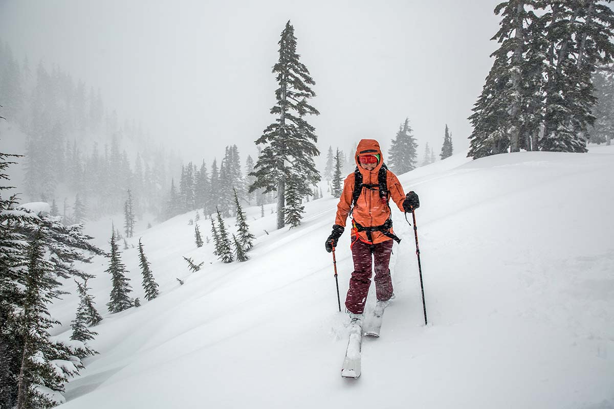 Women's ski jacket (touring in stormy weather in the Patagonia PowSlayer)