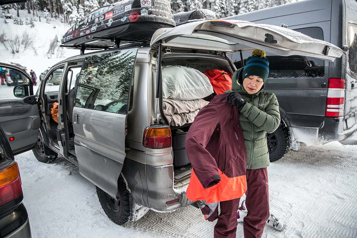Ski pants (putting on Arc'teryx Sentinel LT jacket and bibs)