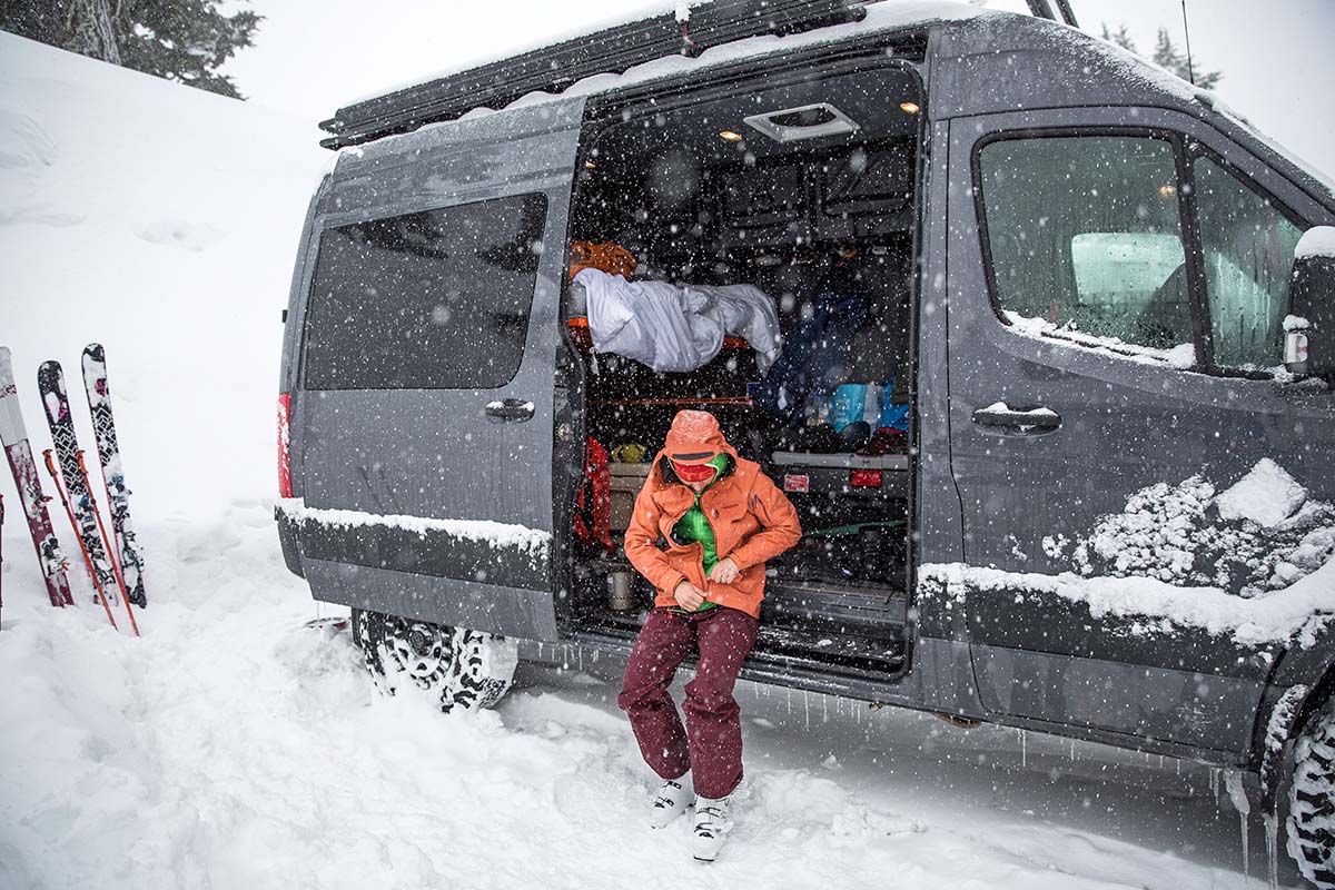 Ski pants (gearing up in snowy parking lot)