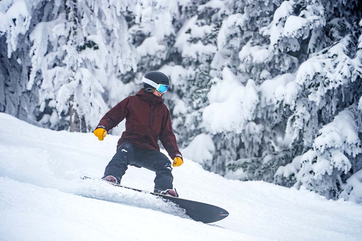 Snowboarding in the Jones Mtn Surf jacket