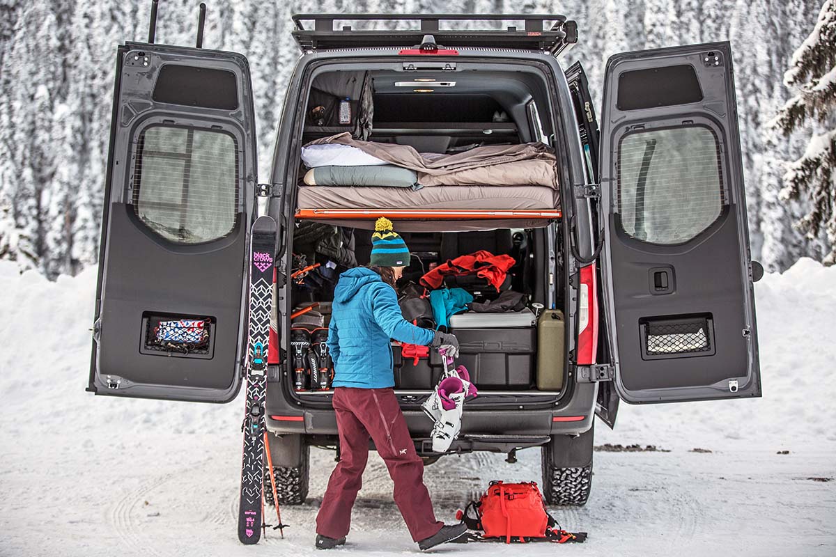 Organizing ski gear at van (women's winter boots)