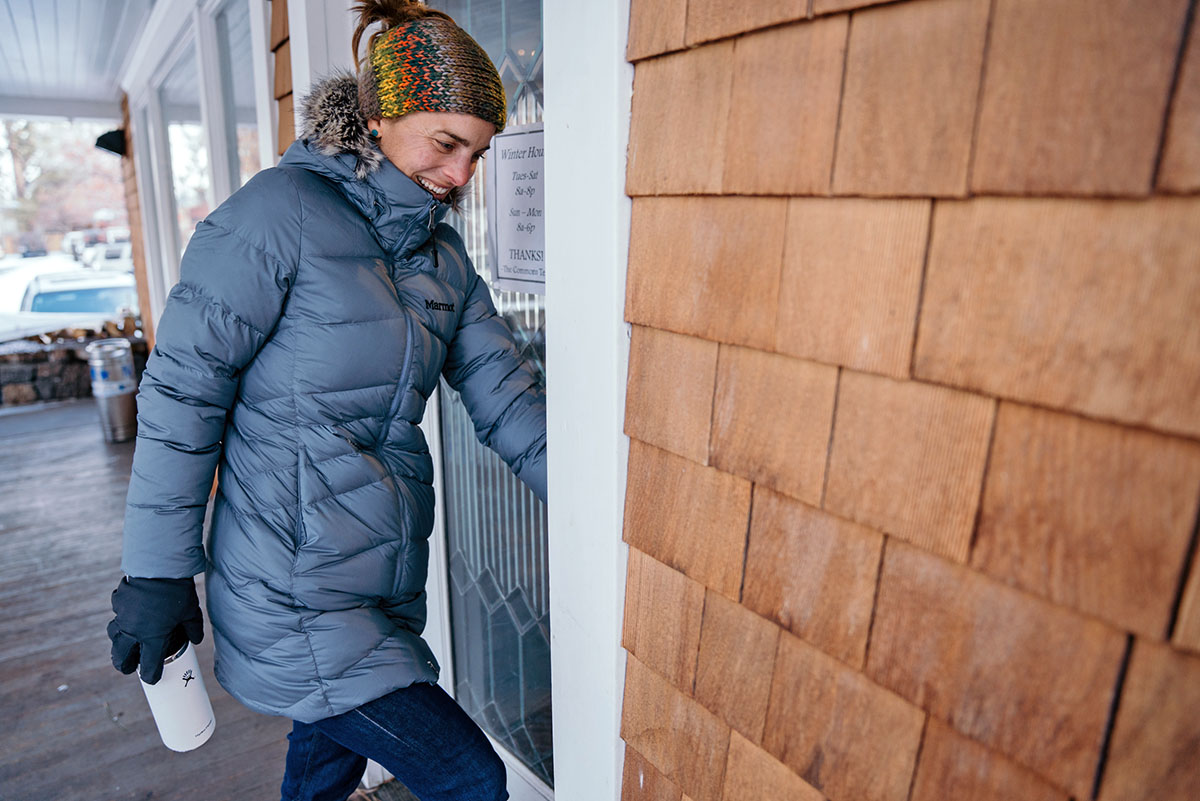 Winter jacket (Marmot Montreal Down Coat walking into cafe)