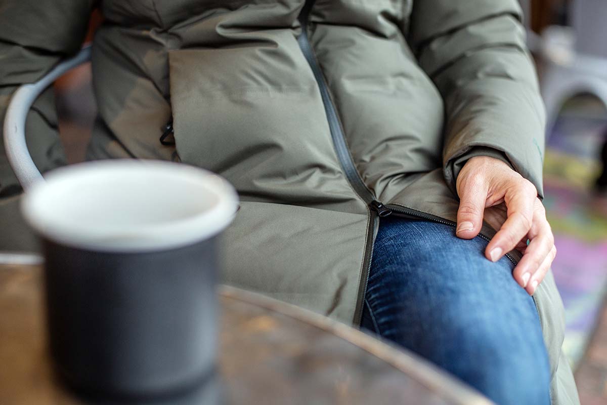 Two-way zipper (sitting in a parka-length winter jacket)