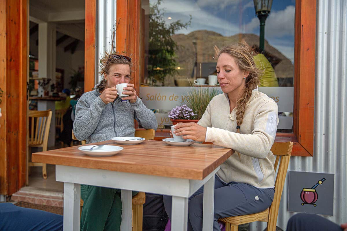 Drinking coffee in the Patagonia Better Sweater and Arc'teryx Covert Cardigan fleece jackets