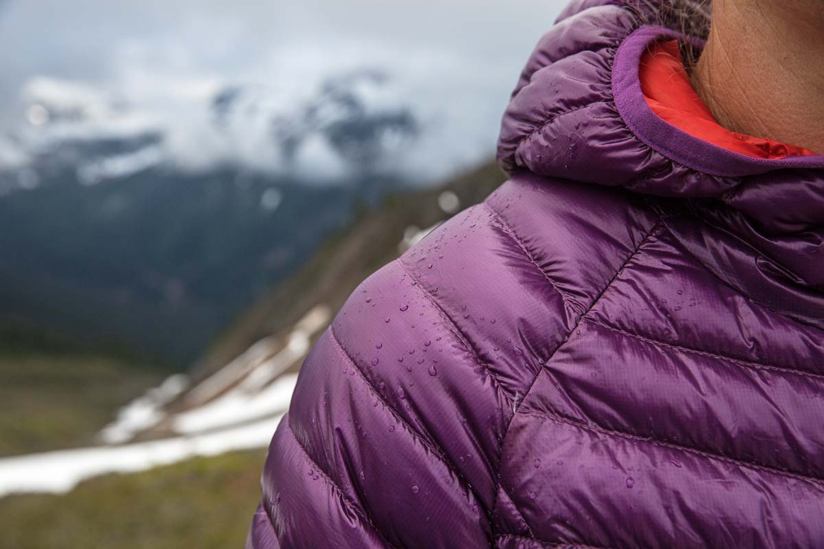 Water drops on Mountain Hardwear Ghost Whisperer 2 down jacket DWR