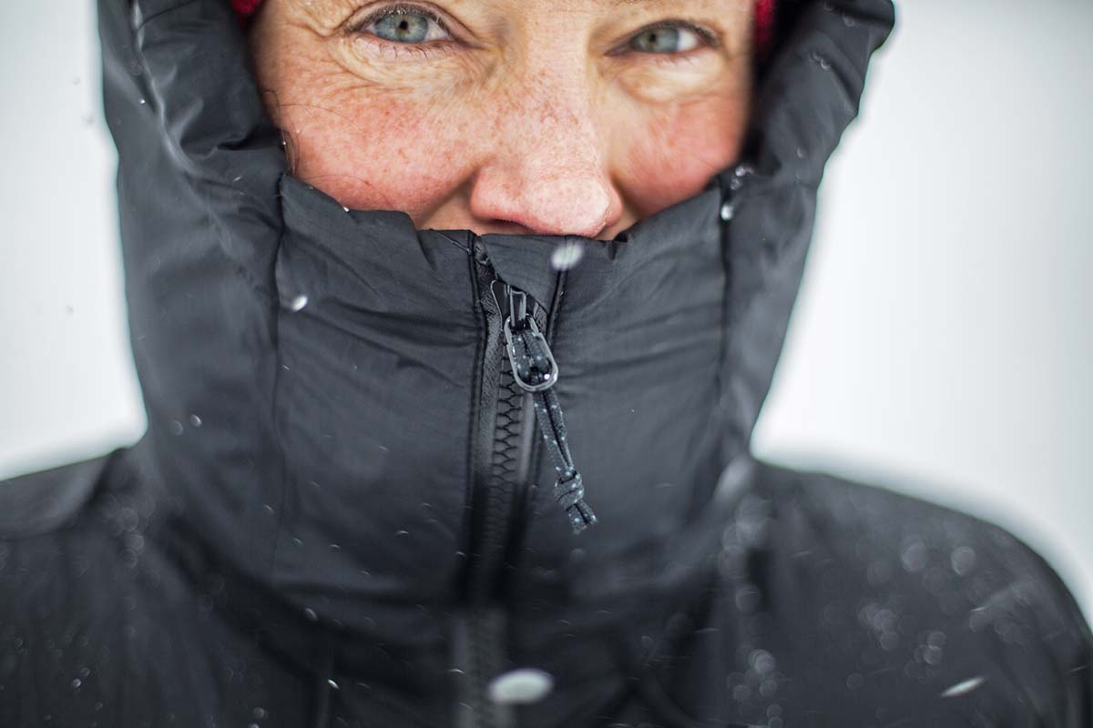 Wearing the hood of the Arc'teryx Firebee AR Parka